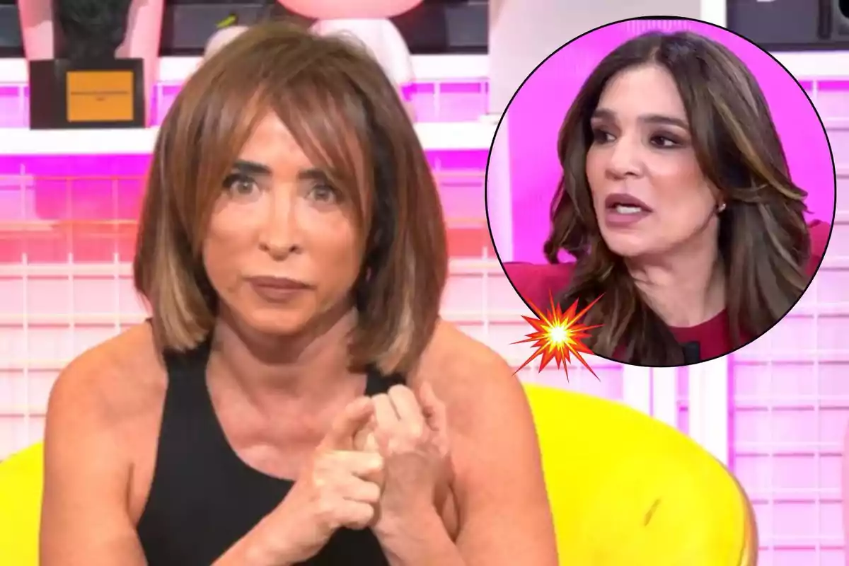 María Patiño con cabello castaño y expresión seria está sentada en un estudio de televisión, mientras que en un recuadro circular aparece Raquel Bollo hablando, con un fondo rosa y un efecto de explosión gráfica.