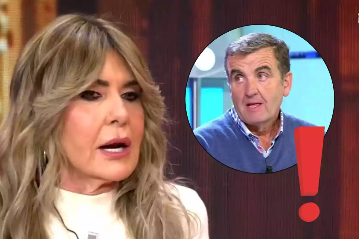 Marisa Martín-Blázquez con cabello largo y rubio aparece en primer plano mientras Antonio Montero mayor está en un recuadro circular en el fondo con un signo de exclamación rojo.
