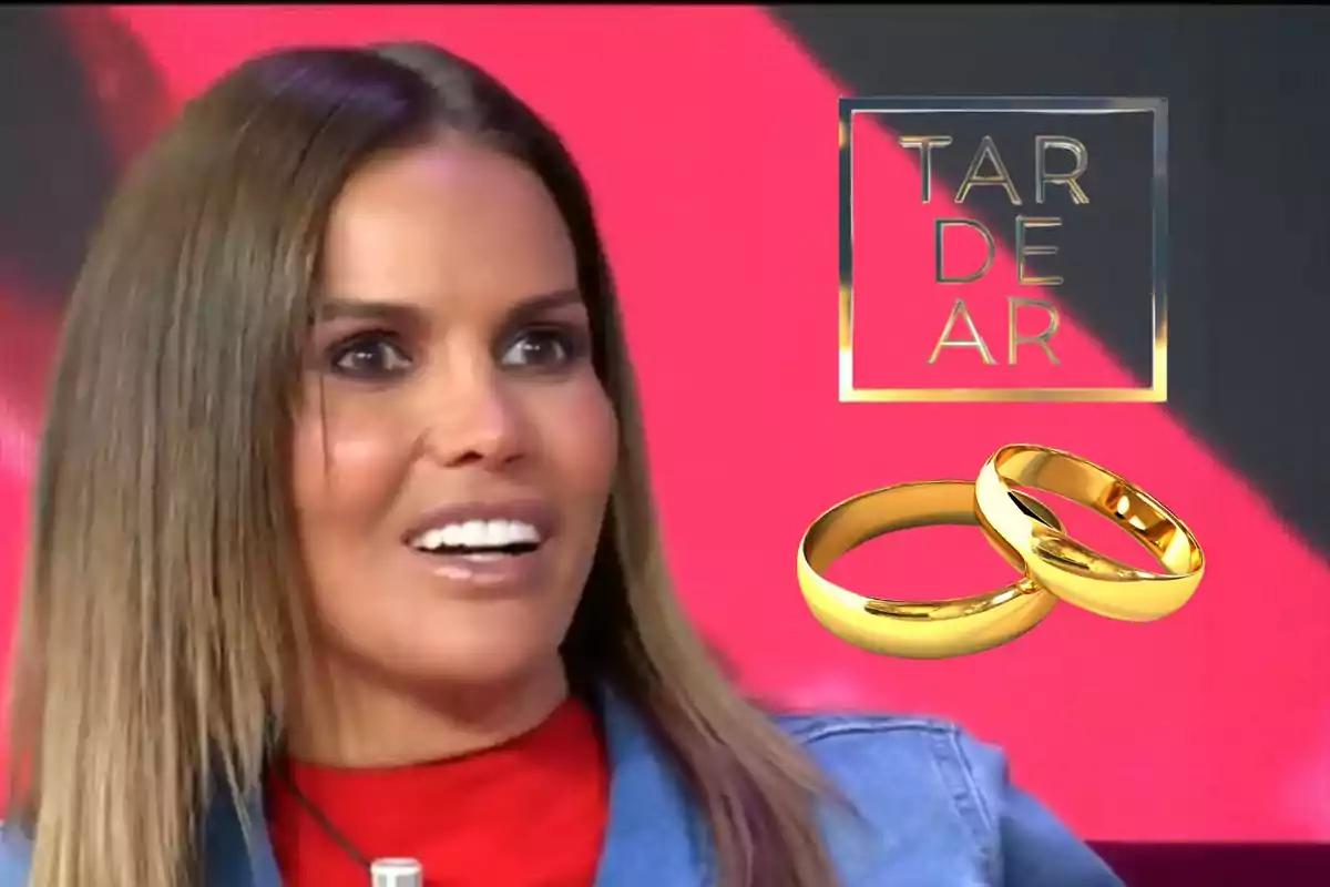 Marta López con expresión sorprendida, junto a un logotipo que dice "TARDEAR" y dos anillos dorados sobre un fondo rojo.