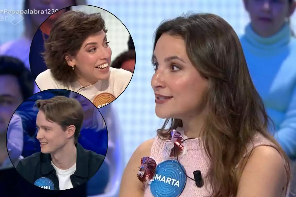 Marta Pombo con un cartel que dice "Marta" participa en un programa de televisión, mientras Manu y Rosa más aparecen en recuadros circulares, sonriendo y observando la escena.