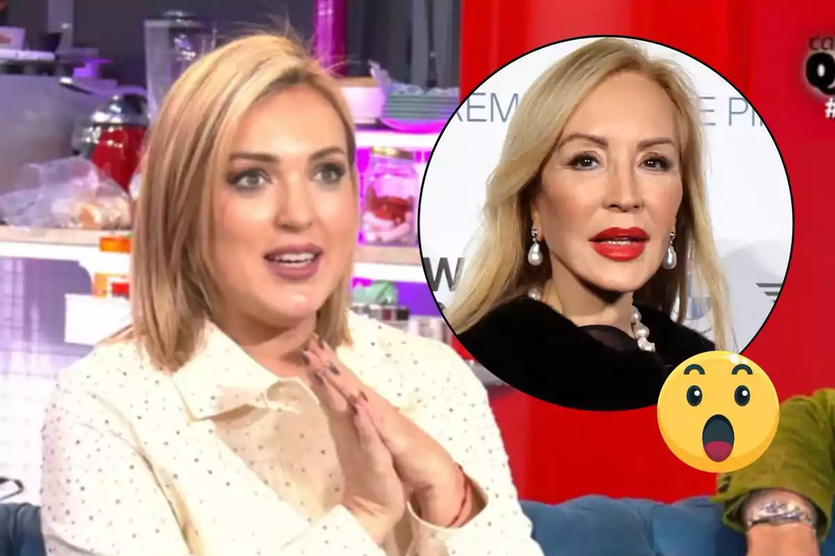 Marta Riesco rubia en un programa de televisión con una imagen circular de Carmen Lomana rubia en el fondo y un emoji sorprendido.