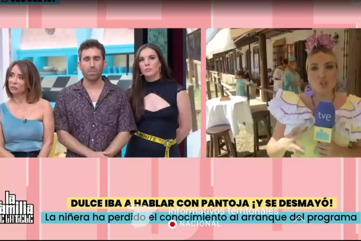 María Patiño, Inés Hernand y Aitor Albizua en un plató de televisión junto a Marta Riesco vestida de flamenca que informa desde el exterior, con un cintillo de noticias en la parte inferior de la pantalla. María Patiño, Inés Hernand y Aitor Albizua en un plató de televisión junto a Marta Riesco vestida de flamenca que informa desde el exterior, con un cintillo de noticias en la parte inferior de la pantalla.