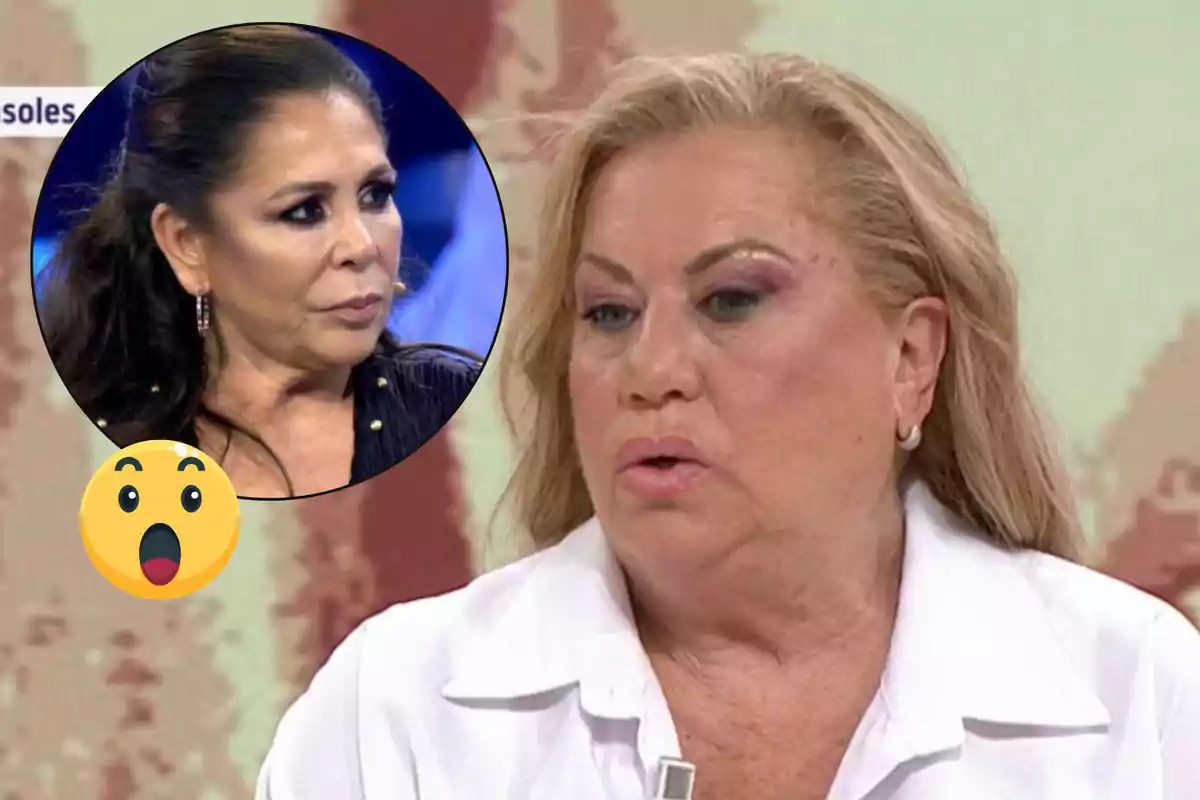 Mayte Zaldívar rubia con expresión seria aparece en primer plano, mientras que en un recuadro circular se muestra a Isabel Pantoja de cabello oscuro con una expresión similar, acompañada de un emoji sorprendido.