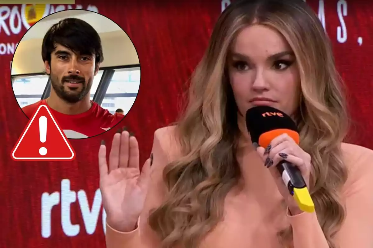 Melody con expresión seria sostiene un micrófono de RTVE mientras levanta la mano y en la esquina superior izquierda aparece un recuadro con la imagen de Ignacio Batallán y un icono de advertencia