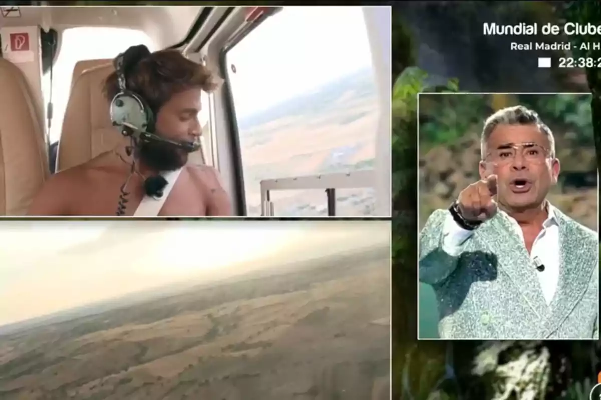 Montoya sin camiseta con auriculares y micrófono viaja en helicóptero mientras en otra parte de la pantalla un presentador con gafas y chaqueta clara señala hacia la cámara Montoya sin camiseta con auriculares y micrófono viaja en helicóptero mientras en otra parte de la pantalla un presentador con gafas y chaqueta clara señala hacia la cámara