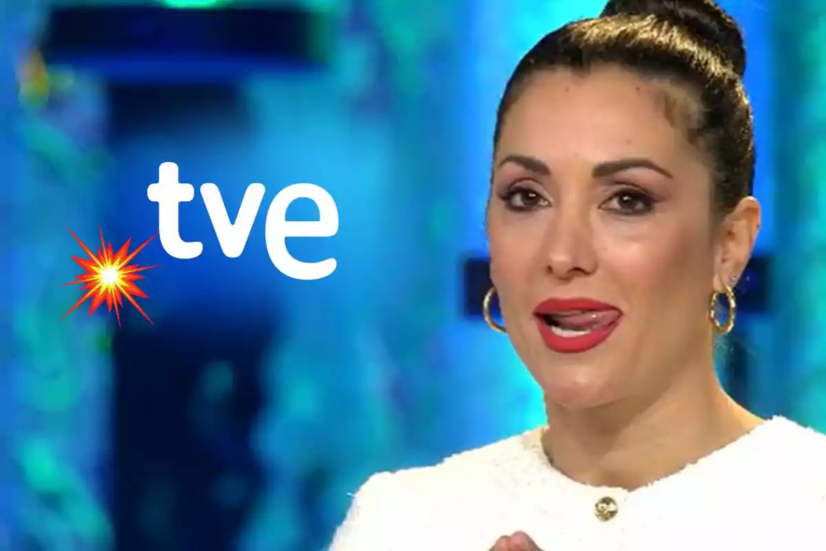 Nagore Robles con cabello recogido y labios rojos en un fondo azul con el logo de TVE.