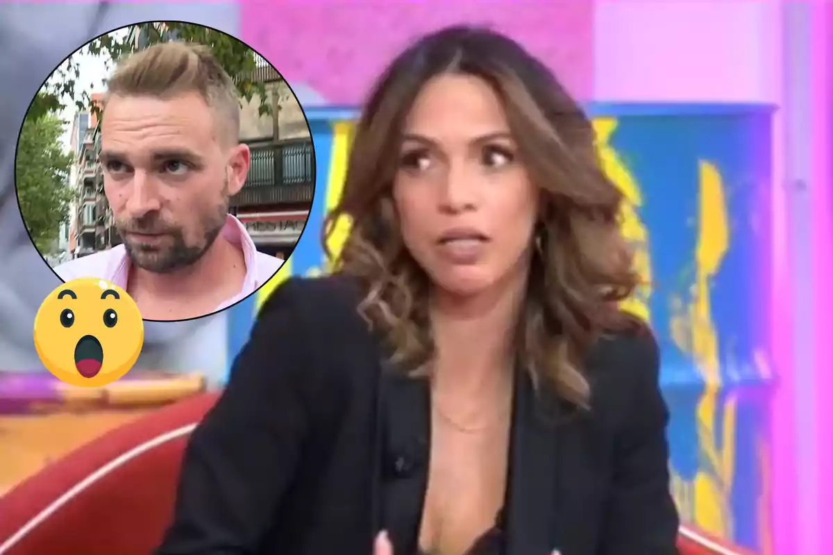 Paola Olmedo en un programa de televisión con un recuadro que muestra a José María Almoguera y un emoji sorprendido.
