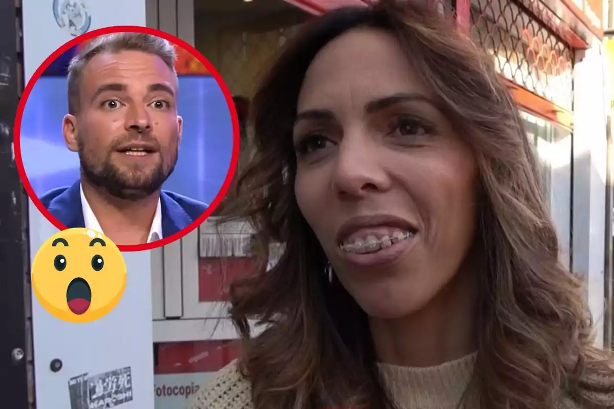 Paola Olmedo sonriente con brackets en primer plano y José María Almoguera en un círculo rojo en la esquina superior izquierda, acompañado de un emoji sorprendido.