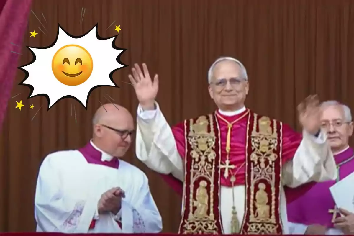 A group of clerics in ceremonial robes, one of them raising their hands, with a smiling emoji and stars in the top left corner.