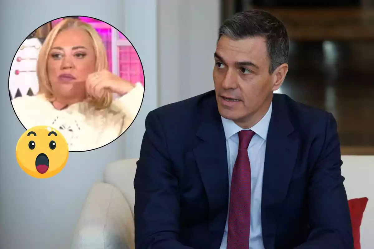 Pedro Sánchez con traje azul y corbata roja está sentado mirando hacia un lado mientras en un círculo superpuesto aparece Belén Esteban con expresión seria y un emoji sorprendido.