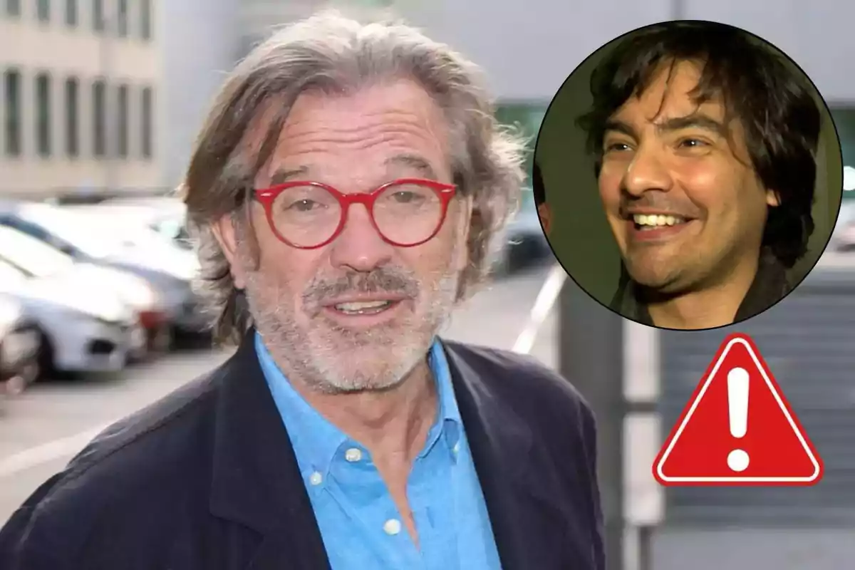 Pepe Navarro con gafas rojas y cabello canoso, con una imagen circular de Alejandro Reyes sonriendo en la esquina superior derecha y un icono de advertencia en la parte inferior.