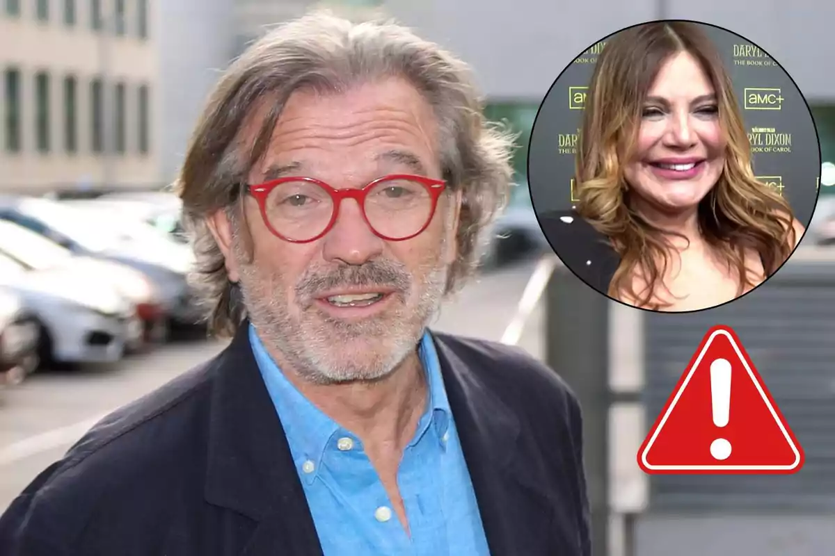 Pepe Navarro con gafas rojas y cabello canoso en un entorno urbano con un recuadro que muestra a Ivonne Reyes sonriendo y un icono de advertencia en la esquina.