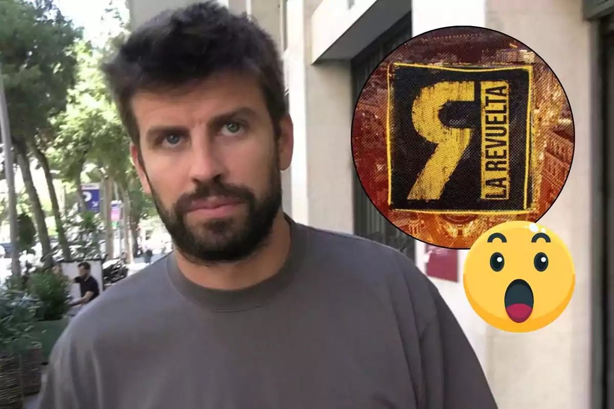 Gerard Piqué con barba y cabello oscuro está en una calle arbolada, junto a un emblema que dice "La Revuelta" y un emoji sorprendido.