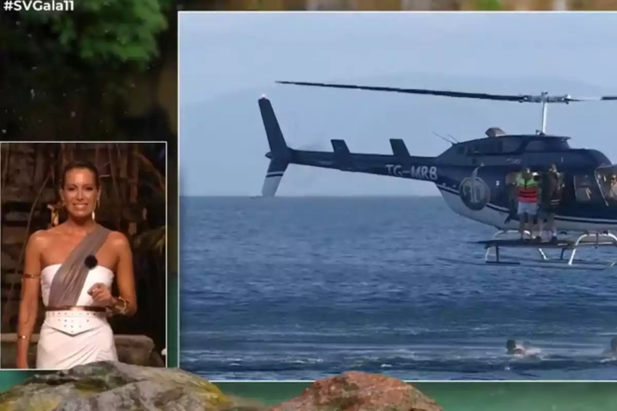 Laura Madrueño en un estudio aparece en un recuadro a la izquierda mientras a la derecha se muestra un helicóptero sobrevolando el mar con personas en el agua. Laura Madrueño en un estudio aparece en un recuadro a la izquierda mientras a la derecha se muestra un helicóptero sobrevolando el mar con personas en el agua.