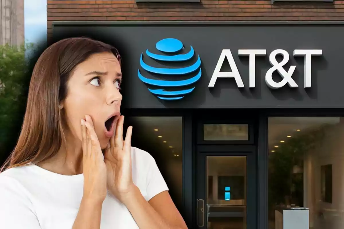 Photo montage of a woman surprised in front of an AT&T store.