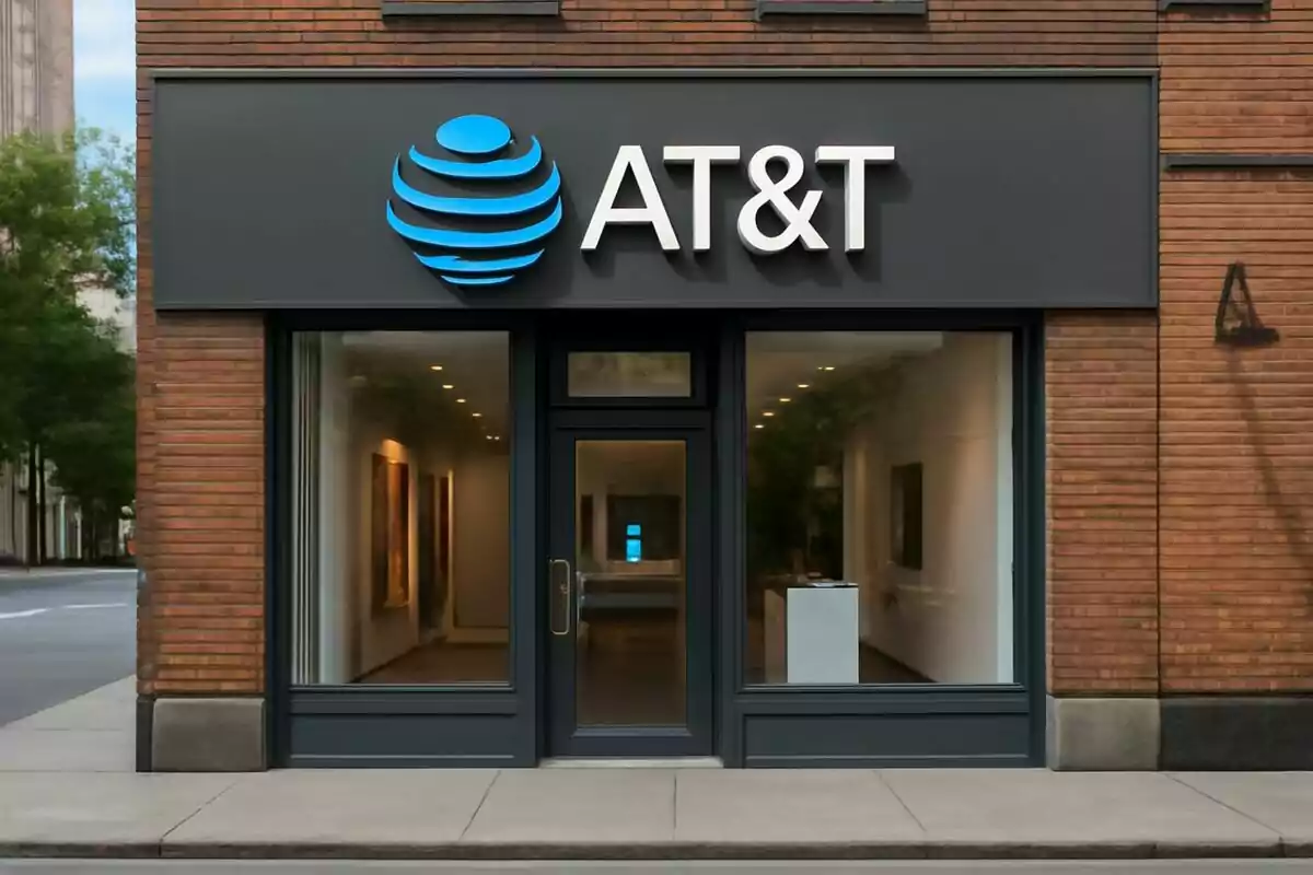 Fachada de una tienda de telecomunicaciones con un logotipo azul y letras blancas, que es AT&T, sobre un fondo oscuro. Fachada de una tienda de telecomunicaciones con un logotipo azul y letras blancas, que es AT&T, sobre un fondo oscuro.