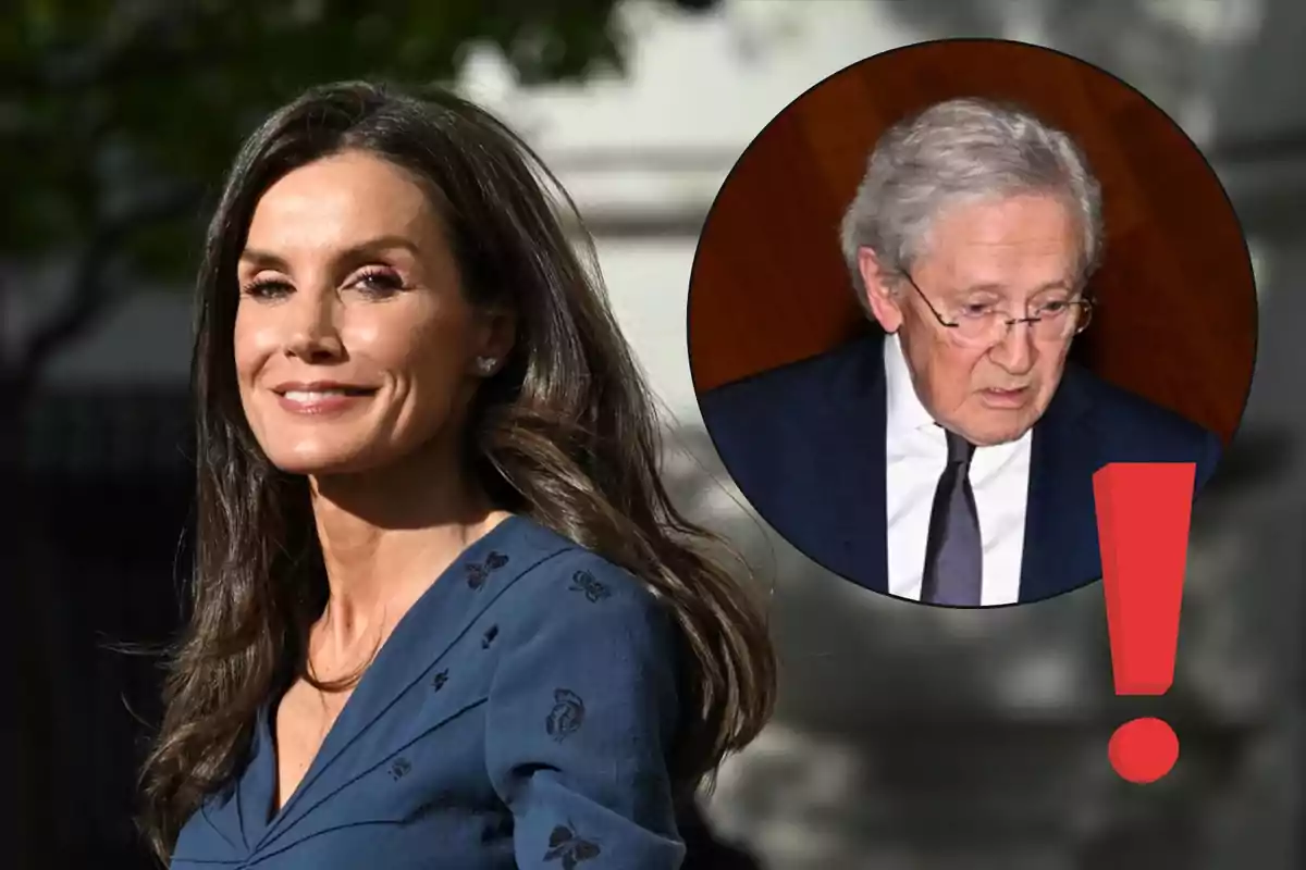 La reina Letizia sonriente con cabello oscuro y un vestido azul, junto a un recuadro que muestra a Fernando Ónega mayor con gafas y traje oscuro, acompañado de un signo de exclamación rojo.