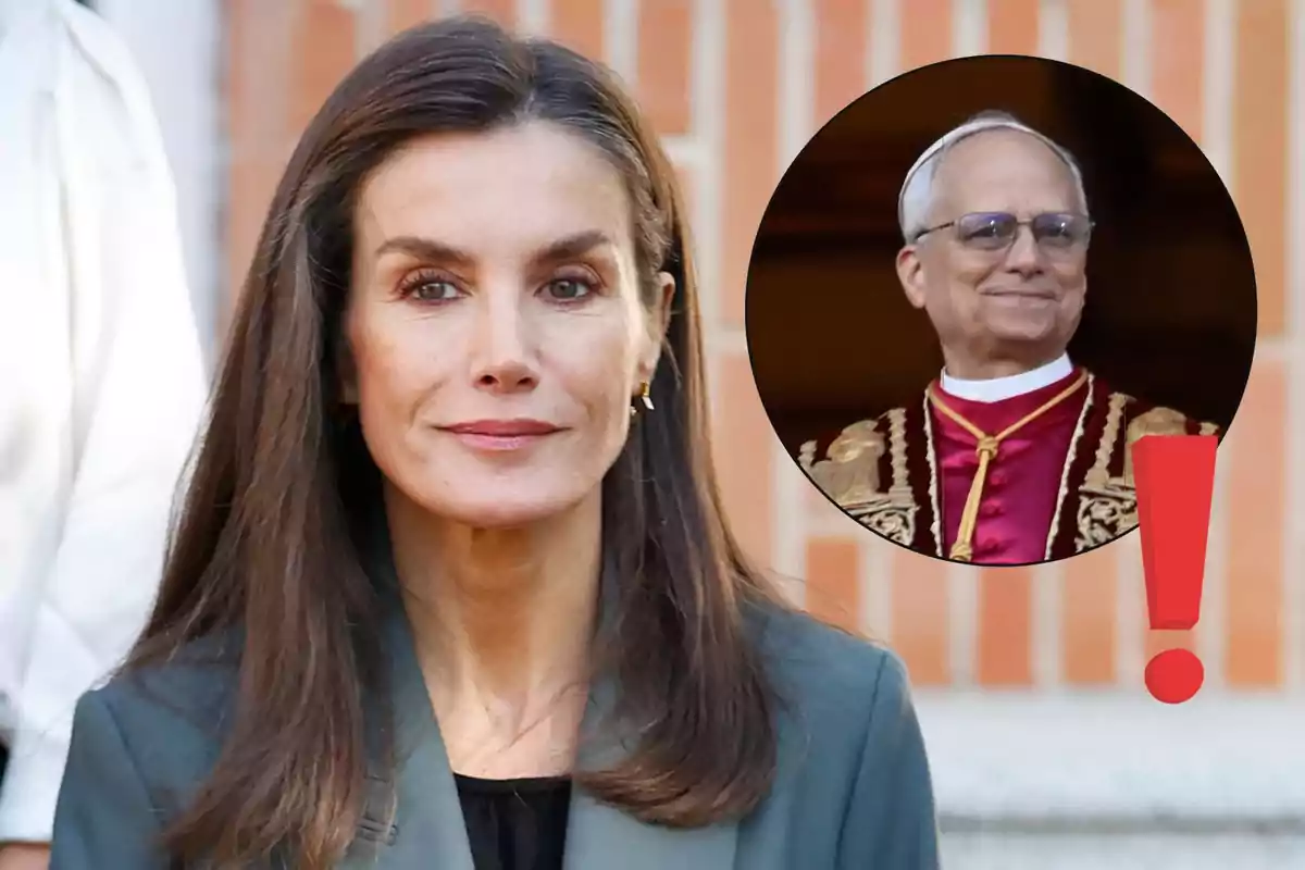 A dark-haired woman with a serene expression is in the foreground while in a circle in the background appears an older man in ceremonial attire with a red exclamation mark.