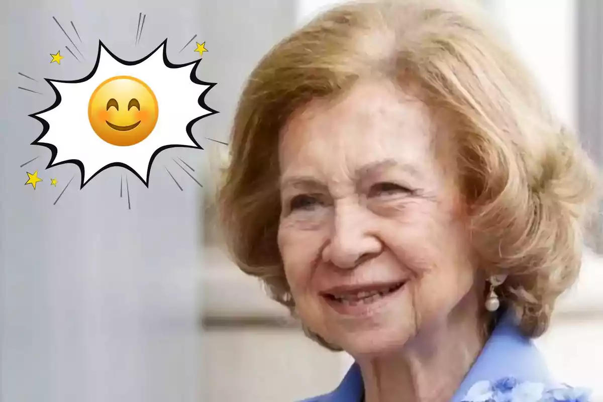 An elderly person smiling with a smiling emoji and little stars beside them.