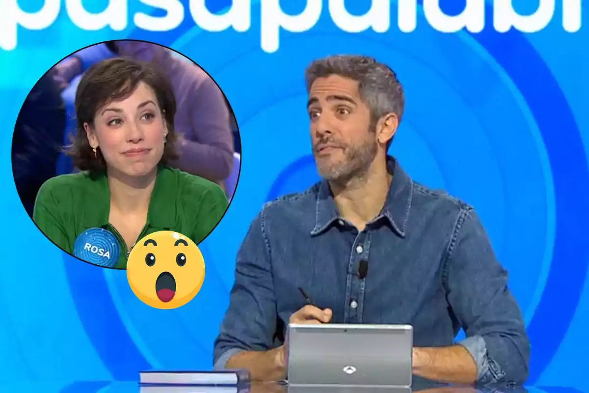 A TV presenter sits at a table with a tablet, while a woman appears in a circle in the top left corner of the image, with a surprised emoji superimposed.