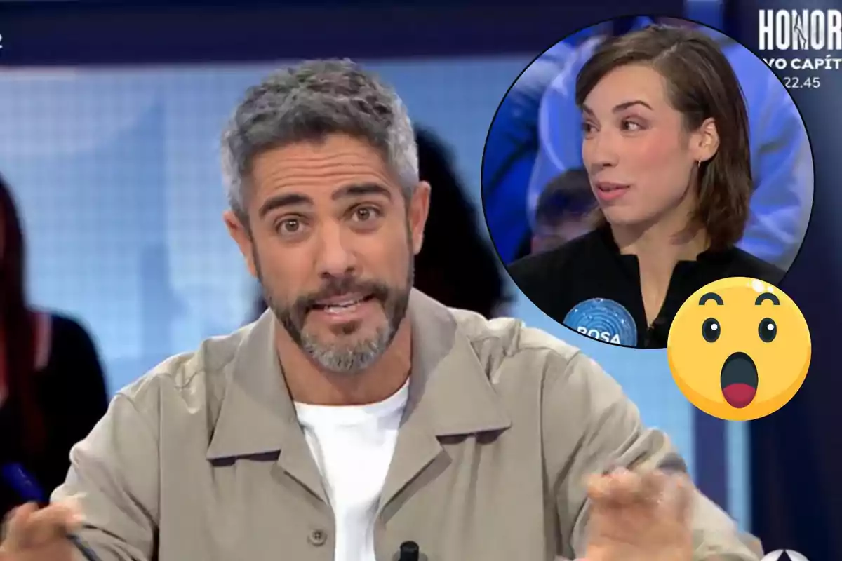 Roberto Leal con barba y cabello canoso habla en un programa de televisión, mientras en un recuadro aparece Rosa con expresión de sorpresa junto a un emoji sorprendido.