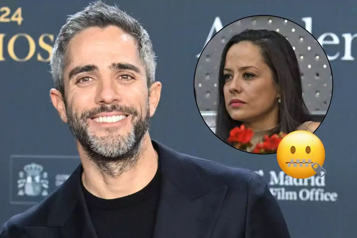 A smiling man at an event with a superimposed image of a serious woman and a silence emoji.