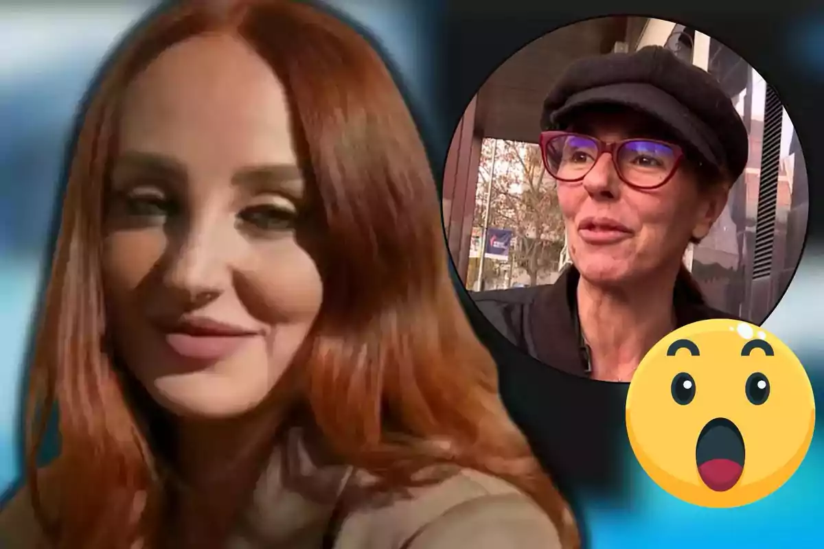 Rocío Flores y Rocío Carrasco en una imagen, Flores con cabello rojo y Carrasco con gafas y gorra, junto a un emoji sorprendido.