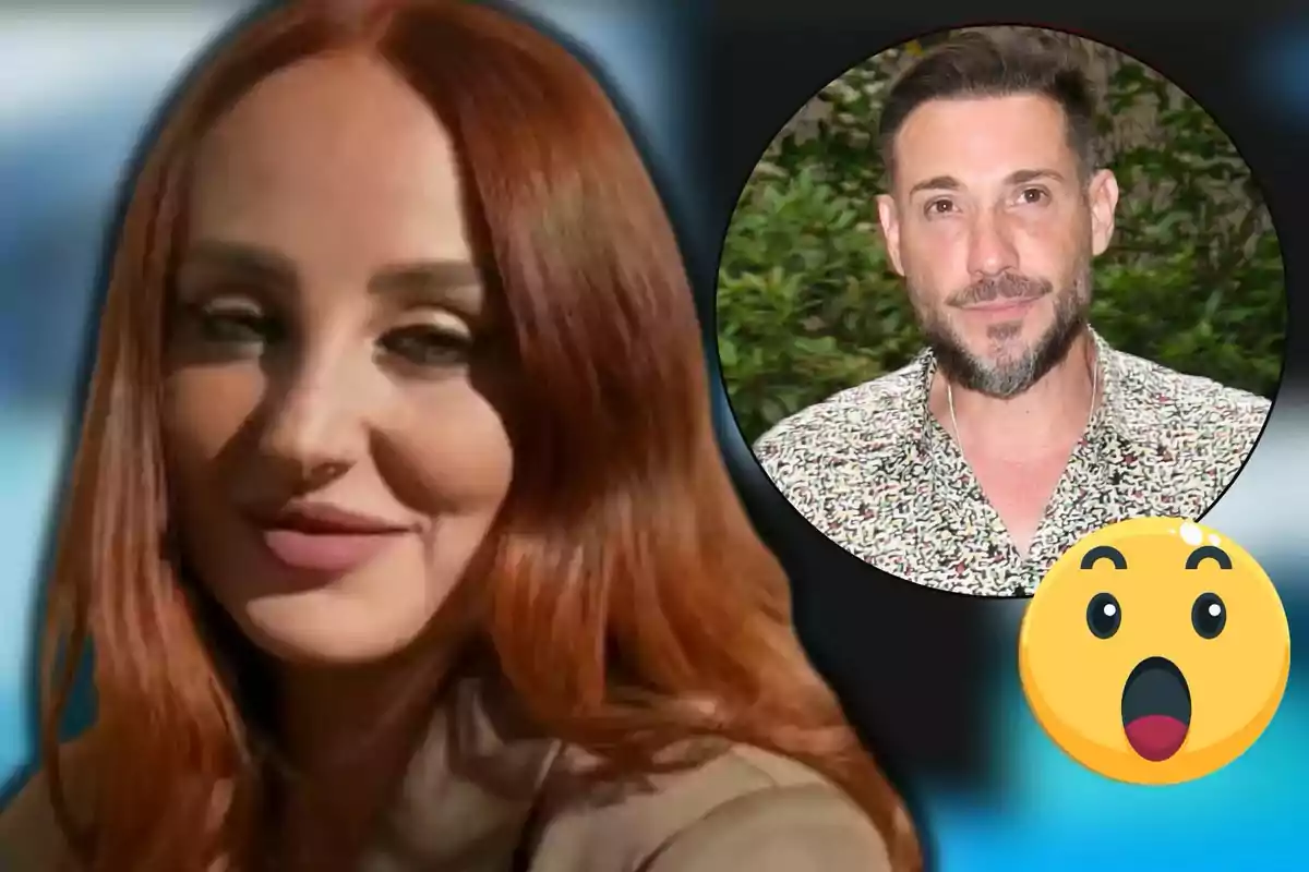 Rocío Flores de cabello rojo sonríe mientras Antonio David Flores aparece en un círculo en la esquina superior derecha junto a un emoji sorprendido.