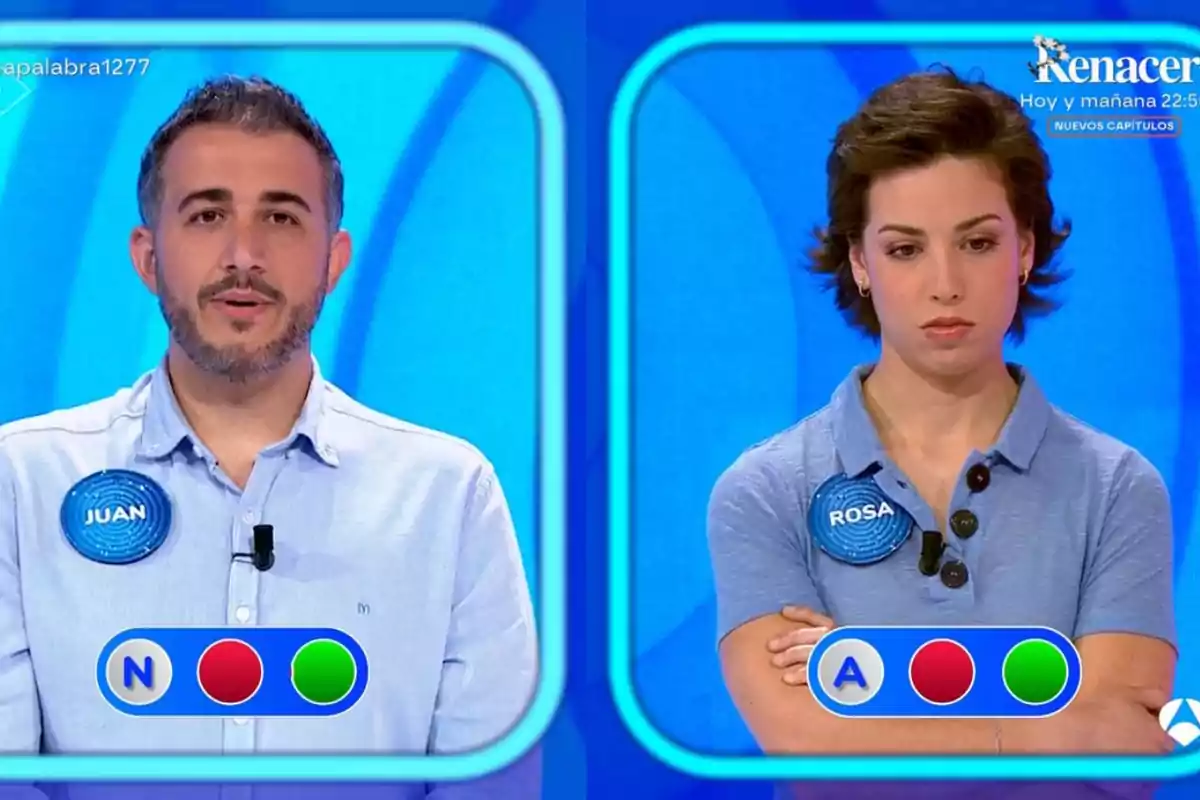 Rosa y Juan en un programa de televisión de preguntas y respuestas, uno de ellos se llama Juan y la otra Rosa, ambos llevan camisetas azules y tienen expresiones serias, con indicadores de respuestas correctas e incorrectas en la parte inferior de la pantalla. Rosa y Juan en un programa de televisión de preguntas y respuestas, uno de ellos se llama Juan y la otra Rosa, ambos llevan camisetas azules y tienen expresiones serias, con indicadores de respuestas correctas e incorrectas en la parte inferior de la pantalla.