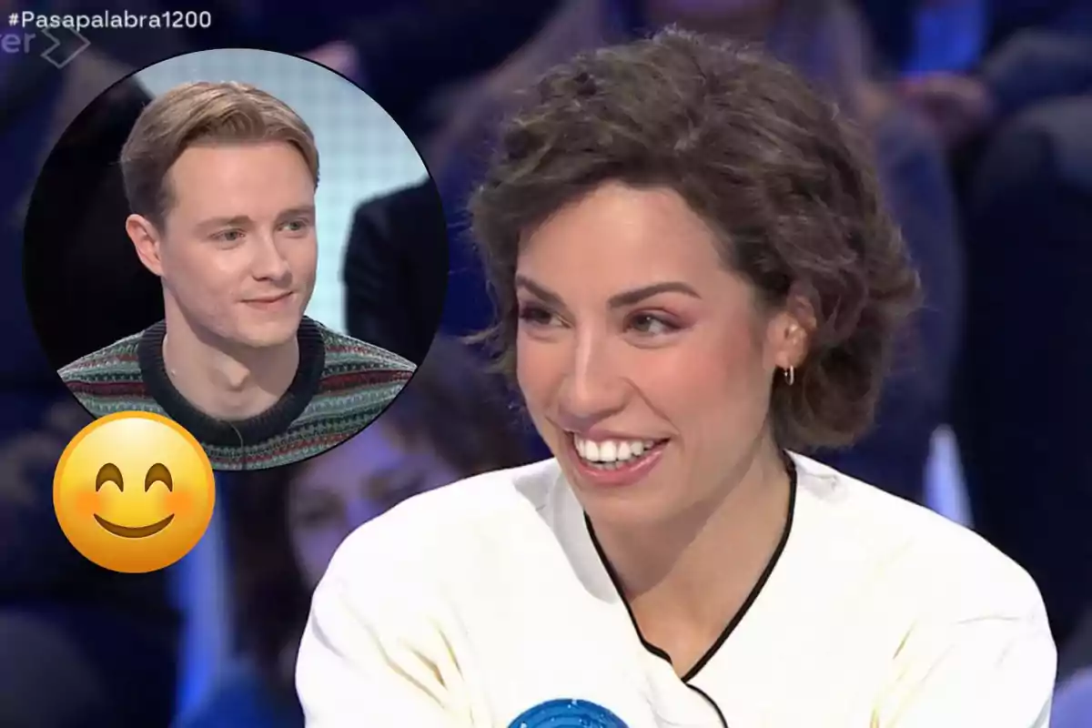 A woman smiles while participating in a television program, with a man in a circular inset and a smiling emoji overlay.