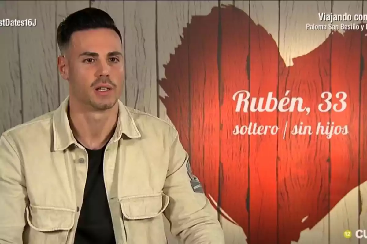 Rubén joven de cabello corto y oscuro con chaqueta beige sentado frente a un fondo de madera con un gran corazón rojo y texto que dice Rubén 33 soltero sin hijos Rubén joven de cabello corto y oscuro con chaqueta beige sentado frente a un fondo de madera con un gran corazón rojo y texto que dice Rubén 33 soltero sin hijos