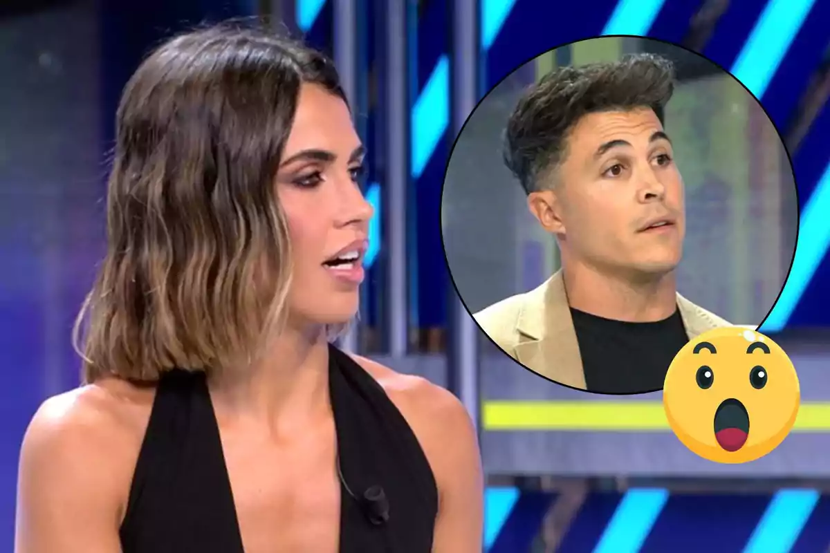 Sofía Suescun con cabello ondulado y vestido negro habla en un programa de televisión, mientras en un círculo se muestra a Kiko Jiménez con expresión sorprendida y un emoji de cara asombrada.