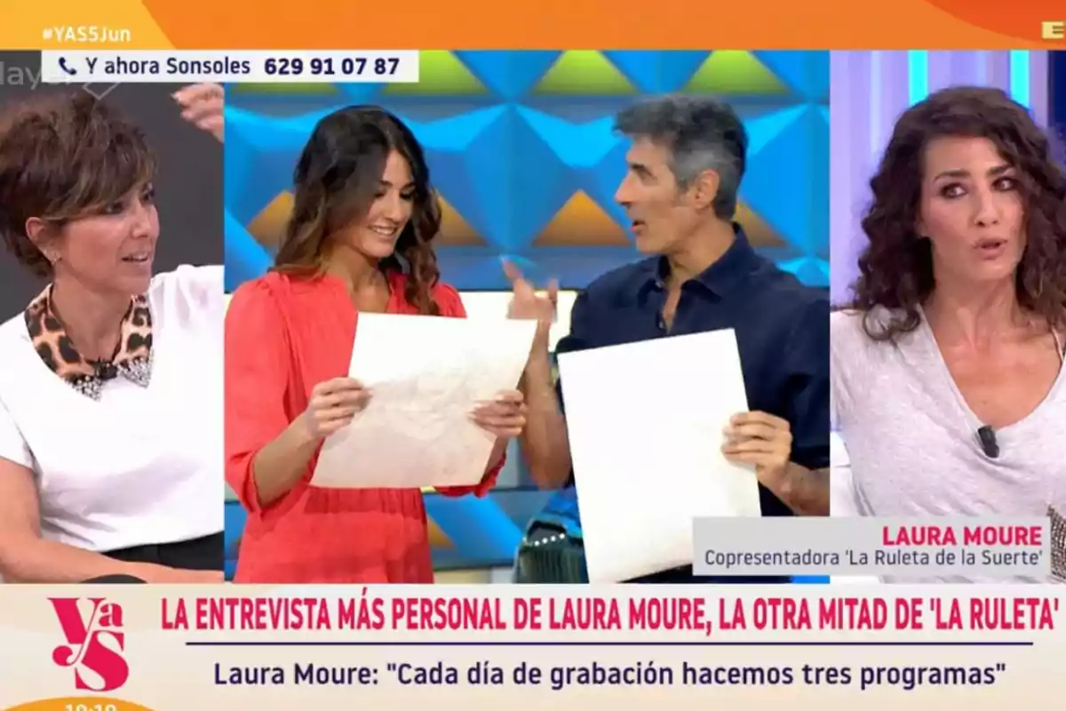 Cuatro personas conversan en un programa de televisión, dos de ellas sostienen hojas de papel mientras en la parte inferior aparece un cintillo con información sobre una entrevista a Laura Moure Cuatro personas conversan en un programa de televisión, dos de ellas sostienen hojas de papel mientras en la parte inferior aparece un cintillo con información sobre una entrevista a Laura Moure