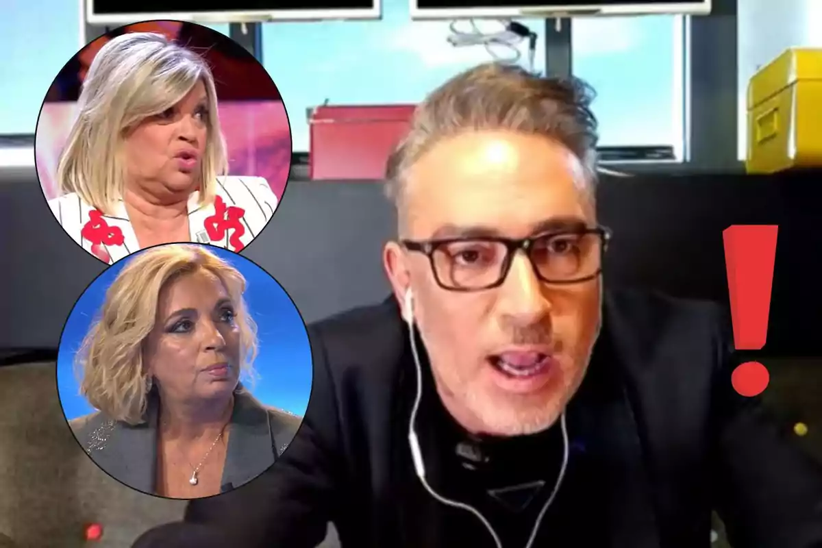 Kiko Hernández con gafas y auriculares aparece en primer plano, mientras Terelu Campos y Carmen Borrego son mostradas en círculos en la parte superior izquierda de la imagen, junto a un signo de exclamación rojo.