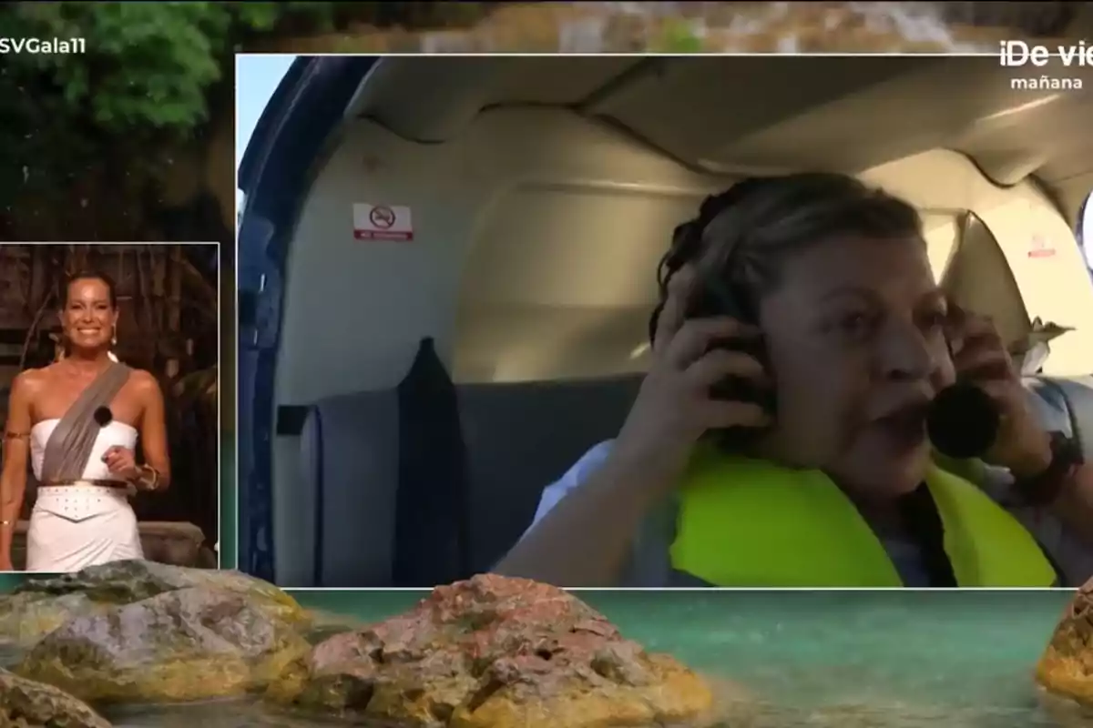 Laura Madrueño sonriente aparece en un recuadro a la izquierda mientras Terelu Campos con chaleco salvavidas y auriculares está en el interior de un helicóptero a la derecha, con un fondo de rocas y agua en la parte inferior. Laura Madrueño sonriente aparece en un recuadro a la izquierda mientras Terelu Campos con chaleco salvavidas y auriculares está en el interior de un helicóptero a la derecha, con un fondo de rocas y agua en la parte inferior.