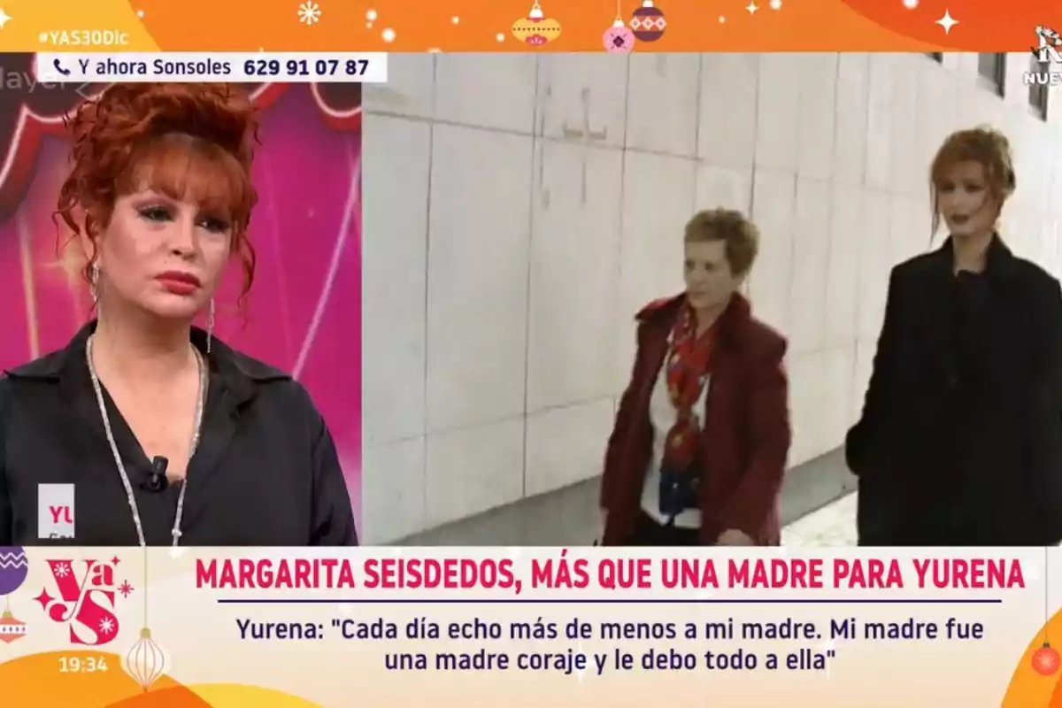 Yurena con cabello rojo aparece en un programa de televisión junto a una imagen de archivo donde camina con Margarita Seisdedos, el texto en pantalla destaca la relación especial entre ellas.