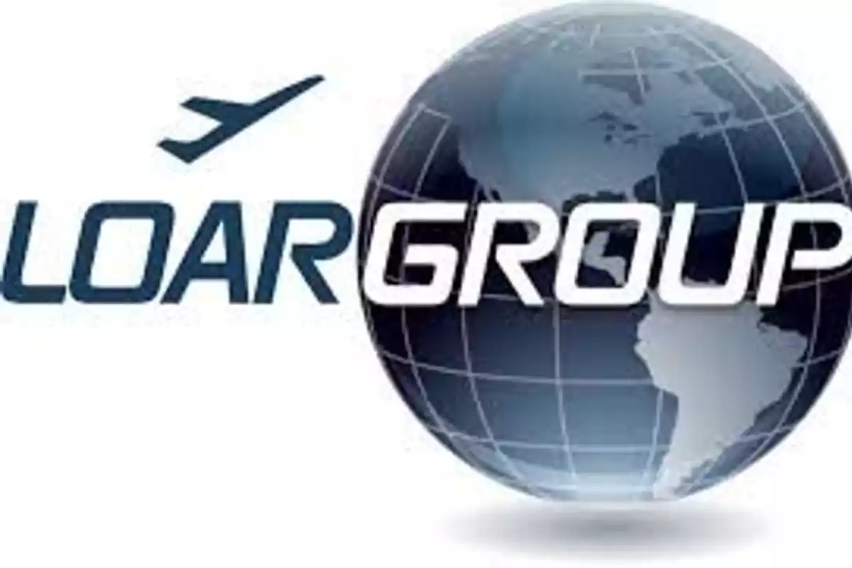 Logotipo de LOAR GROUP con un avión estilizado y un globo terráqueo.