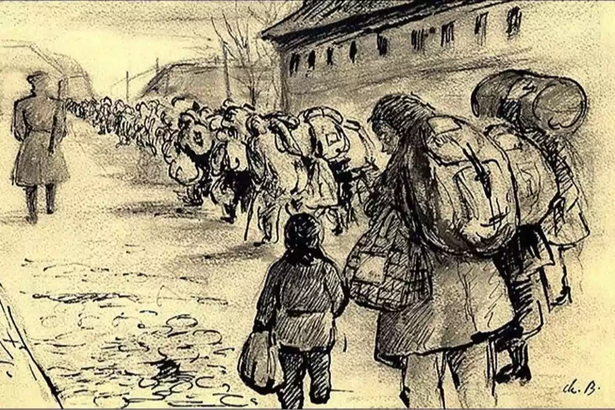 Un dibujo en blanco y negro muestra a un grupo de personas caminando en fila por un camino, cargando mochilas y bolsas, mientras un guardia observa desde un lado.