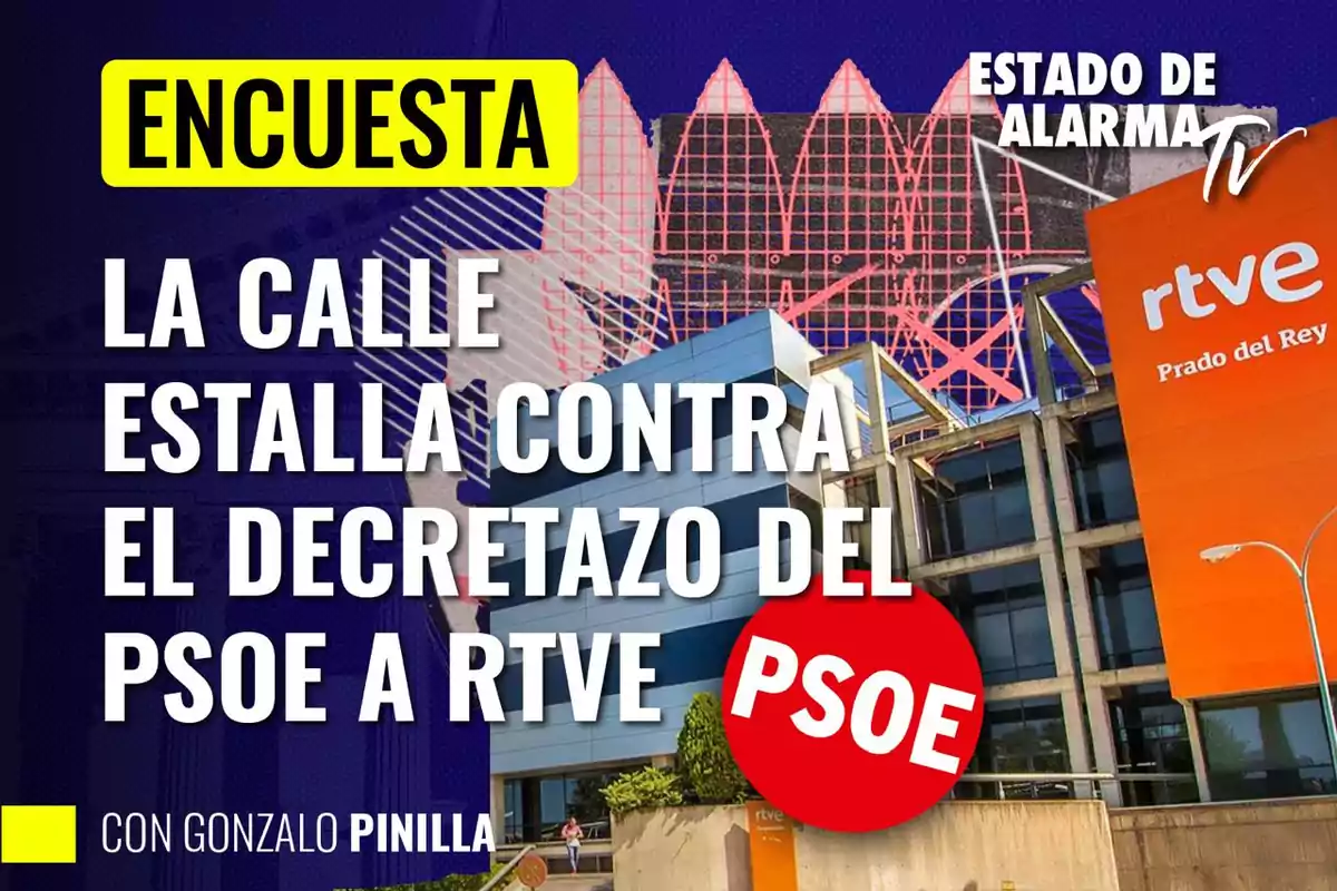 Encuesta sobre la reacción de la calle contra el decreto del PSOE a RTVE con fondo de edificios y logotipos.