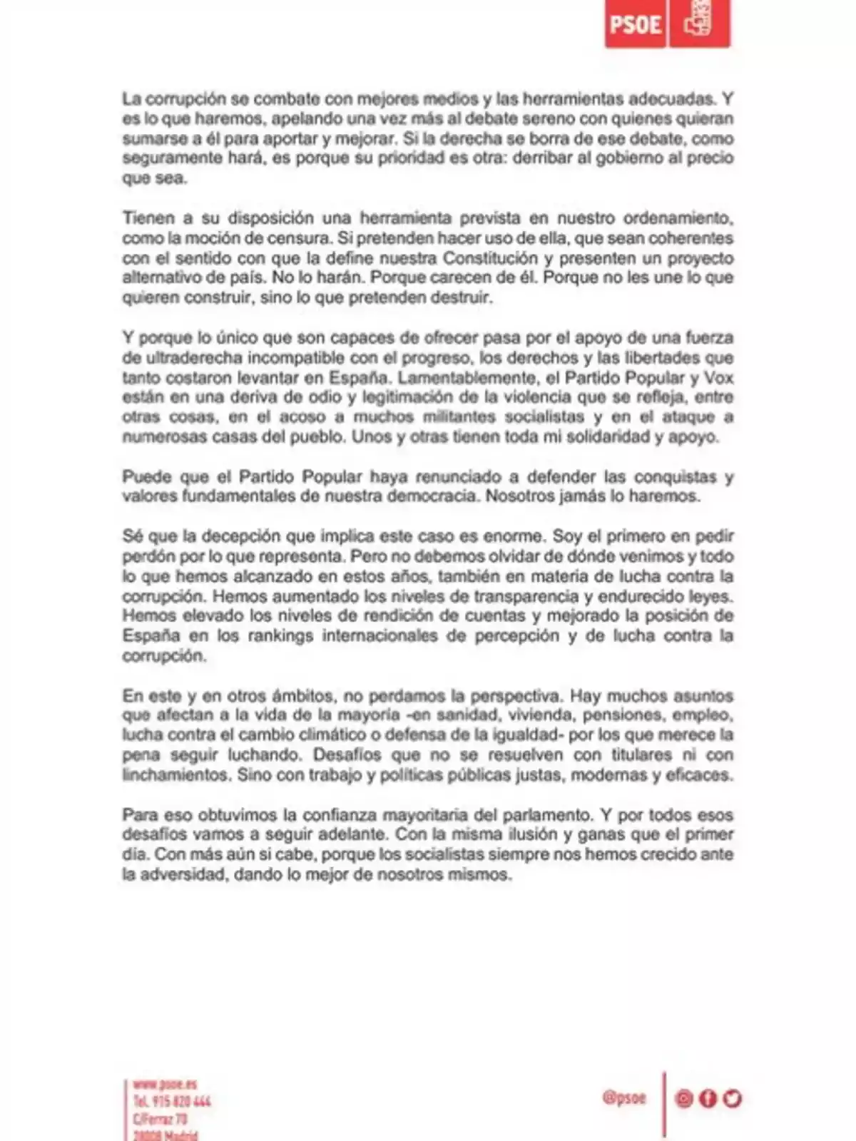 Documento del PSOE con texto sobre la lucha contra la corrupción, la moción de censura, la defensa de la democracia y los logros en transparencia, acompañado del logotipo del partido en la parte superior derecha. Documento del PSOE con texto sobre la lucha contra la corrupción, la moción de censura, la defensa de la democracia y los logros en transparencia, acompañado del logotipo del partido en la parte superior derecha.
