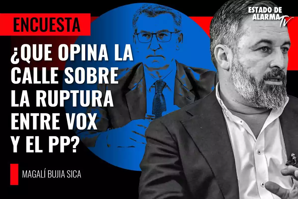 Encuesta sobre la opinión de la calle respecto a la ruptura entre VOX y el PP, con imágenes de dos hombres y el logo de Estado de Alarma TV.