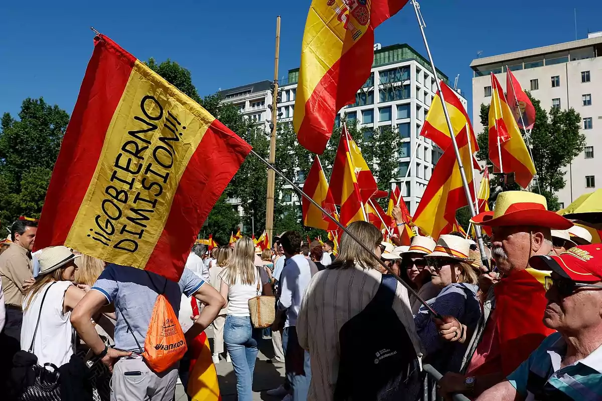 Manifestación con personas ondeando banderas de España y una pancarta que pide la dimisión del gobierno en una plaza urbana bajo un cielo despejado Manifestación con personas ondeando banderas de España y una pancarta que pide la dimisión del gobierno en una plaza urbana bajo un cielo despejado