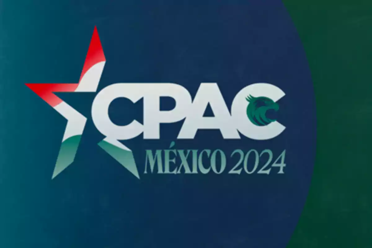 Logo de CPAC México 2024 con una estrella tricolor y un fondo azul y verde.