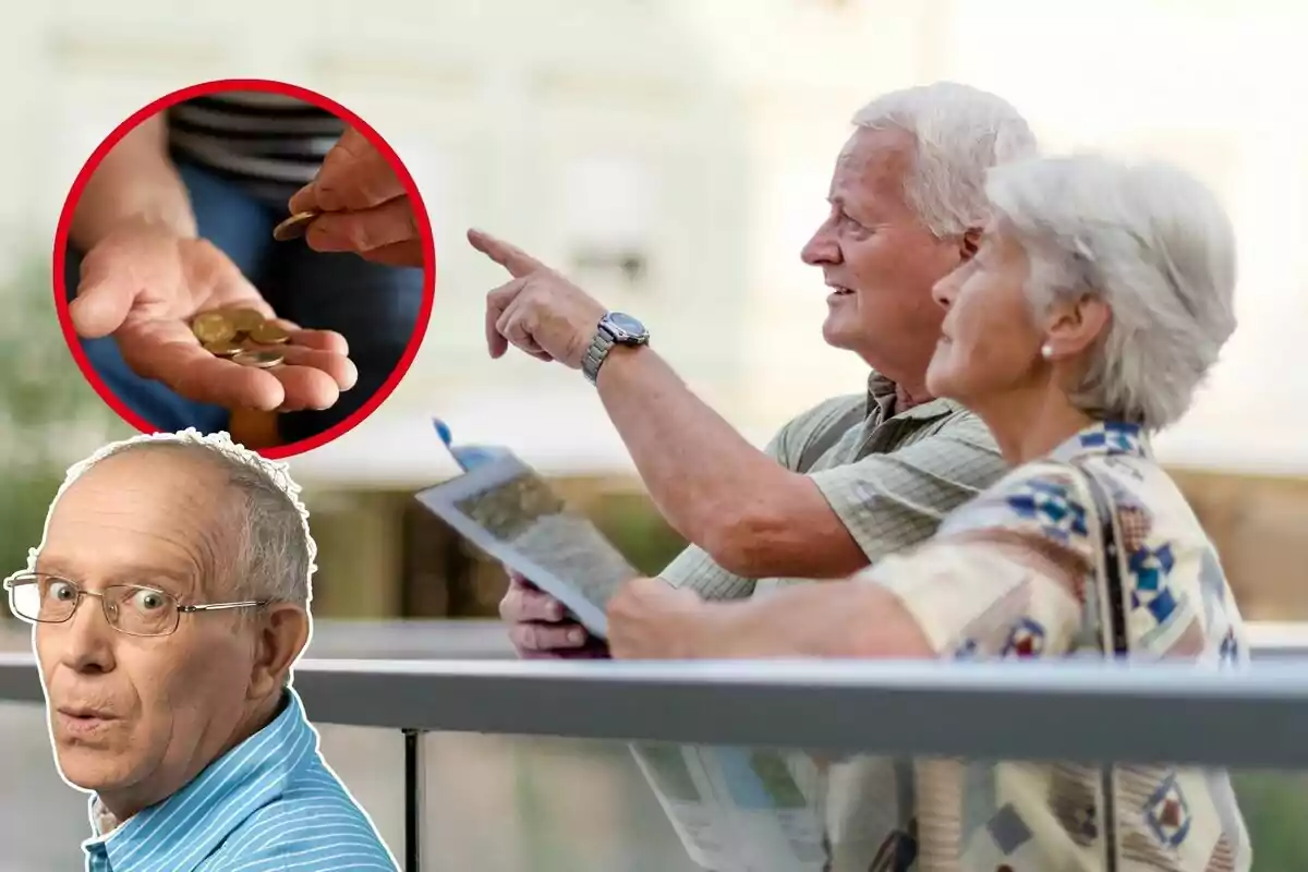 Imagen de fondo de dos personas mayores con un mapa en las manos, además de un hombre con gesto de sorpresa en primer plano y otra imagen de una mano con monedas
