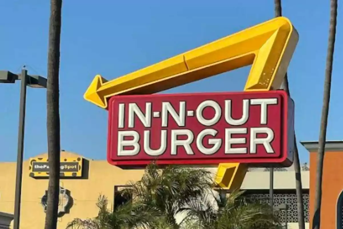 In-N-Out Burger sign with a blue sky and palm trees background. In-N-Out Burger sign with a blue sky and palm trees background.