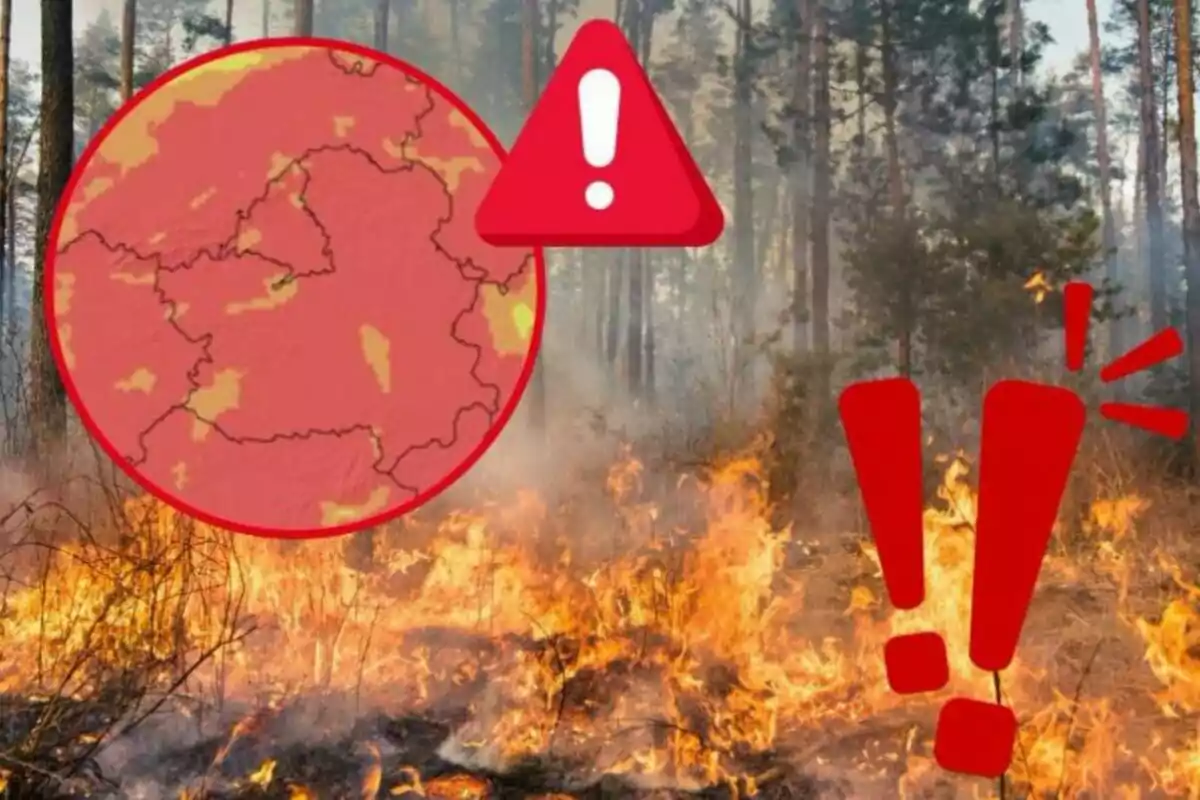 Mapa de alerta de incendios forestales con llamas en un bosque y signos de exclamación rojos.