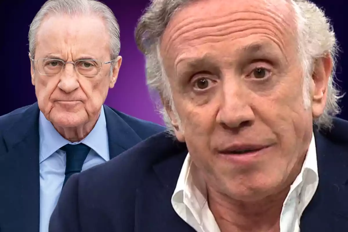 Florentino Pérez y Eduardo Inda sobre un fondo de color lila en primer plano