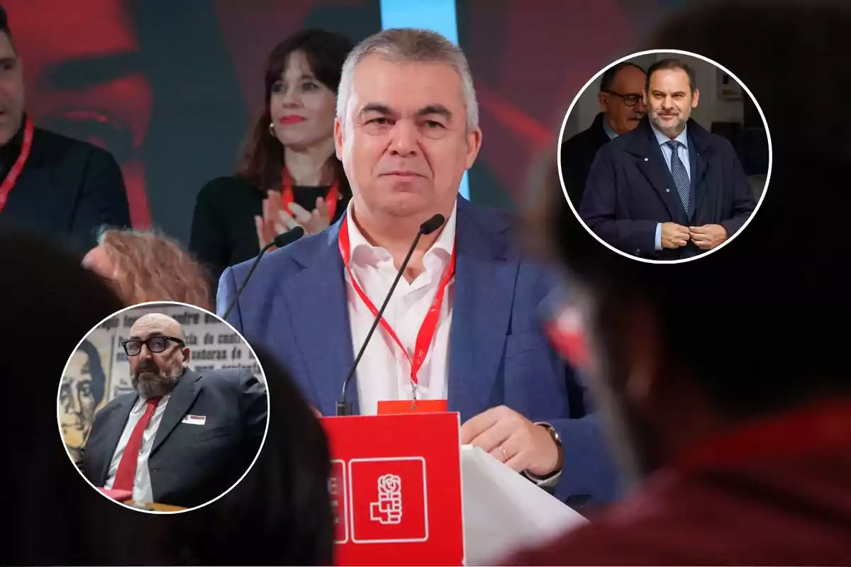 Un hombre de cabello canoso y traje azul habla en un podio con el logo del PSOE mientras otras personas lo observan y aplauden, con dos recuadros circulares mostrando a otros dos hombres en diferentes contextos.