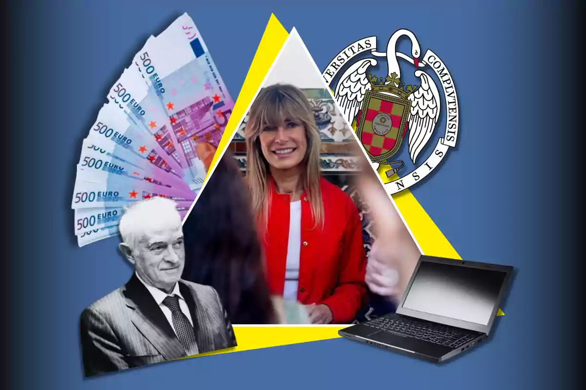 Una imagen que muestra un collage con billetes de 500 euros, una persona mayor en blanco y negro, una mujer sonriendo, un escudo universitario y una computadora portátil sobre un fondo azul.