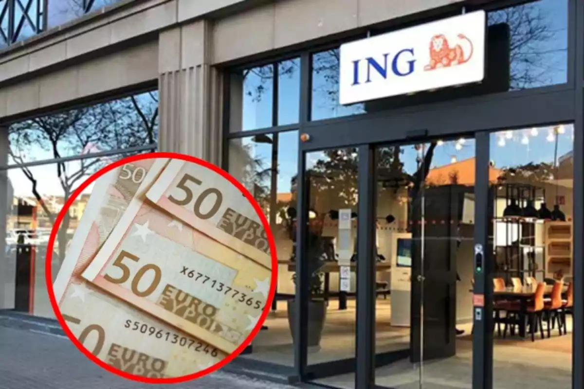 Fachada de una sucursal de ING con un círculo que muestra billetes de 50 euros.